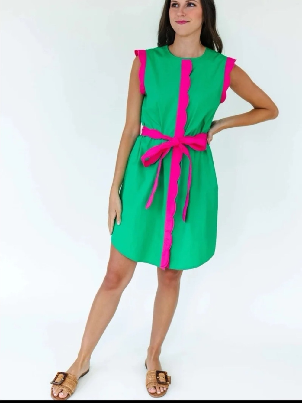 Mary George VIVIAN DRESS in Green with Pink Belted Mini Dress size Medium - Picture 4 of 12